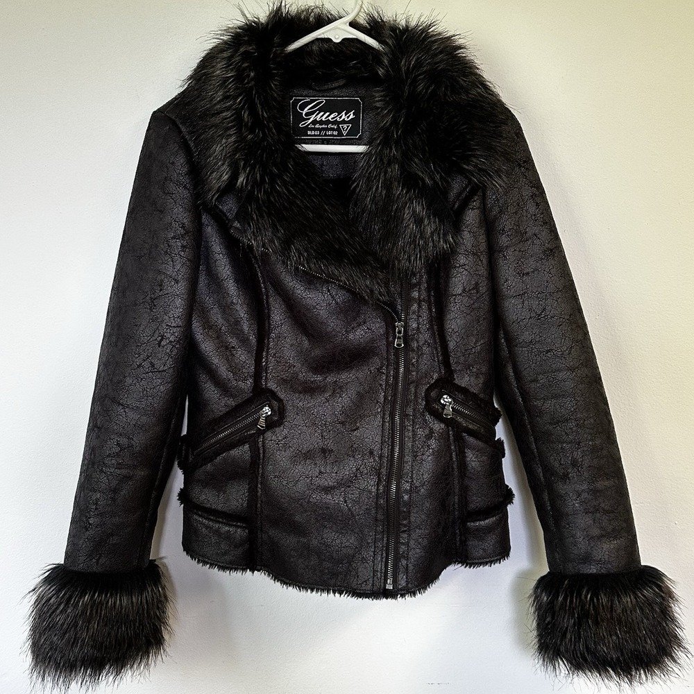 Guess Los Angeles Denim Coat Faux Fur Trim Y2K Paul Marciano Coat Size Small